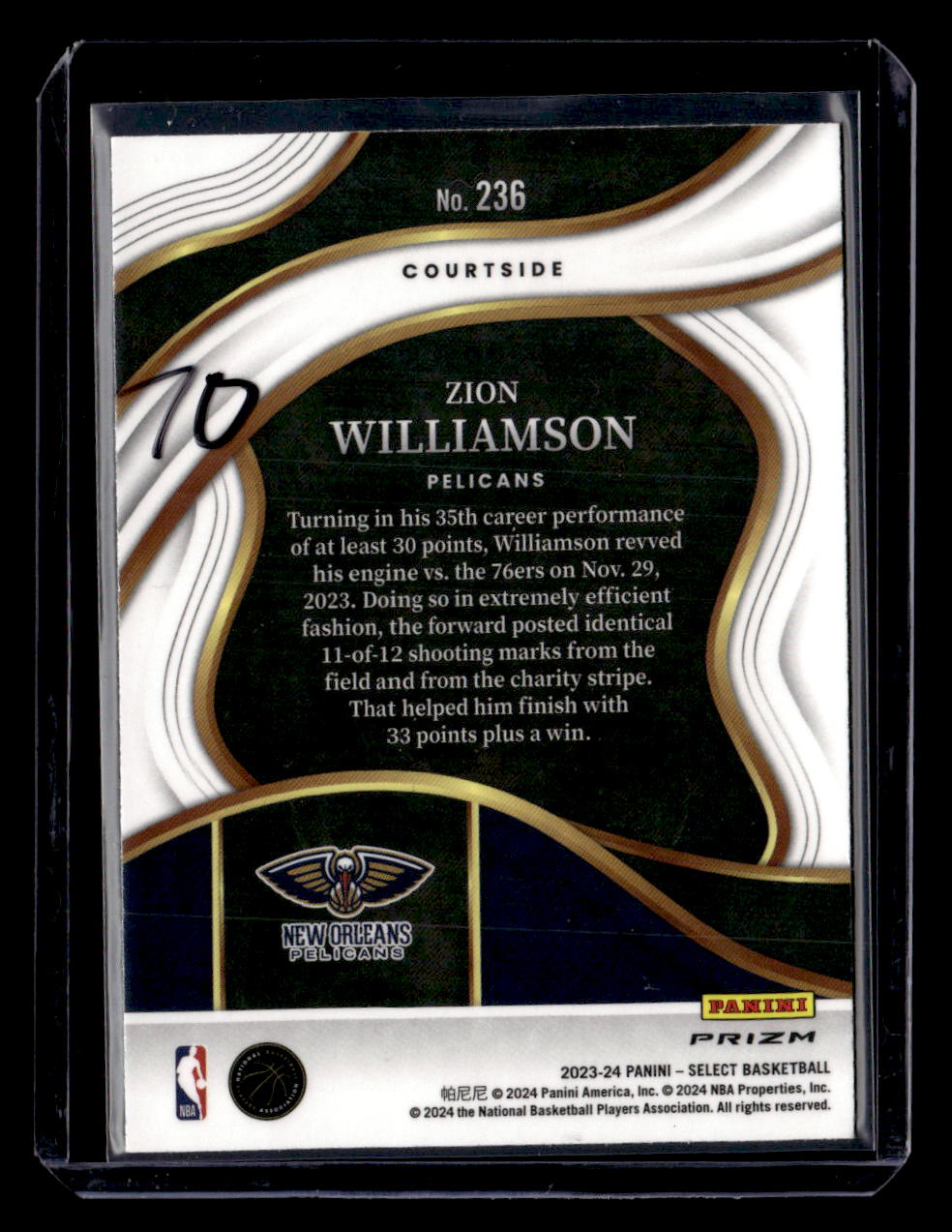 2023-24 Panini Select #236 Zion Williamson Zebra Prizms