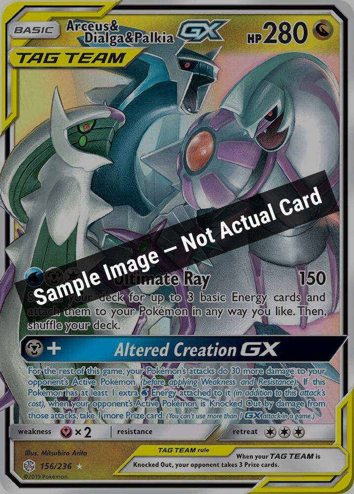 Pokemon,SM - Cosmic Eclipse,Arceus & Dialga & Palkia GX - 156/236,Holofoil,Near Mint — Sample Image, Not Actual Card