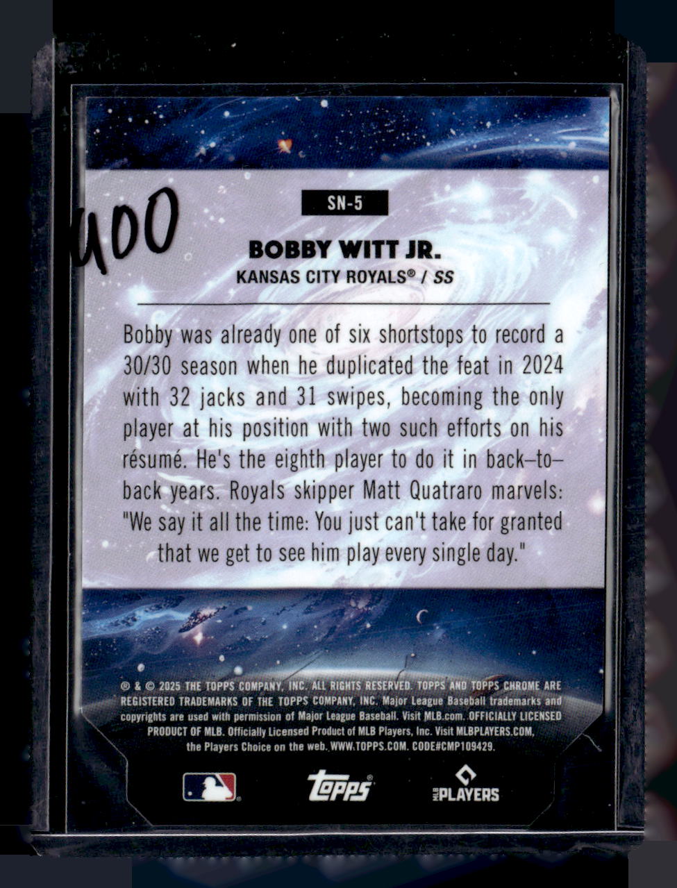 2025 Topps Chrome Cosmic #SN-5 Bobby Witt Jr. Stella Nova Black Refractor #/10