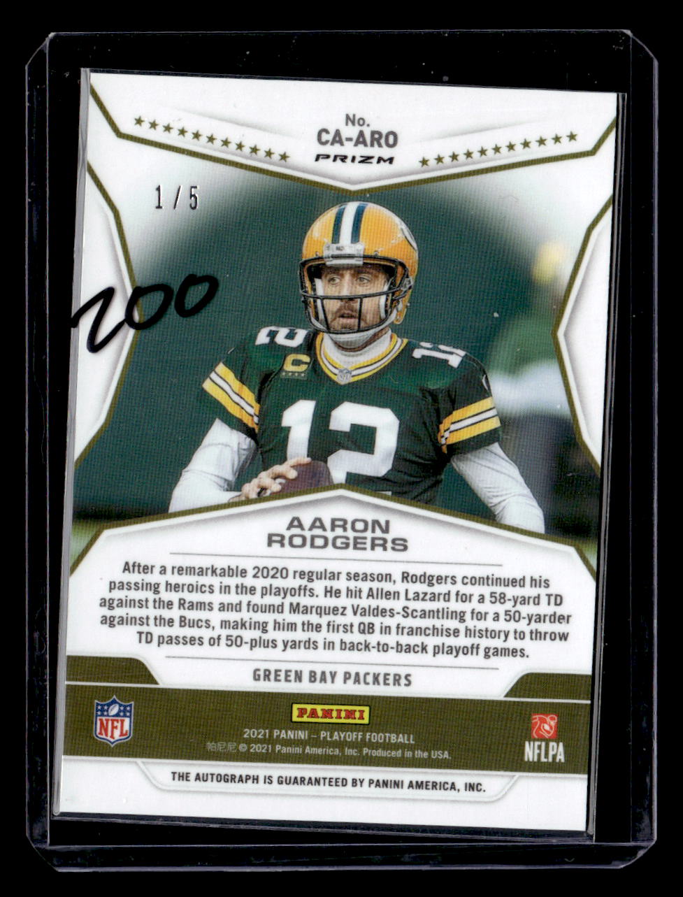 2021 Panini Playoff #CA-ARO Aaron Rodgers Call to Arms Signatures #/5