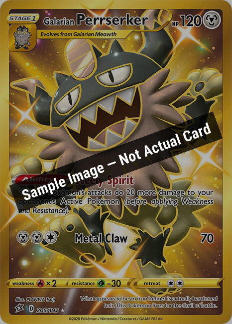 Pokemon,SWSH02: Rebel Clash,Galarian Perrserker (Secret) - 205/192,Holofoil,Near Mint — Sample Image, Not Actual Card