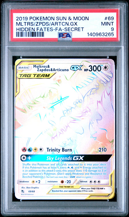 2019 Pokemon Sun & Moon Hidden Fates #69 Mltrs/Zpds/Artcn.Gx Hidden Fates-Fa-Secret PSA 9