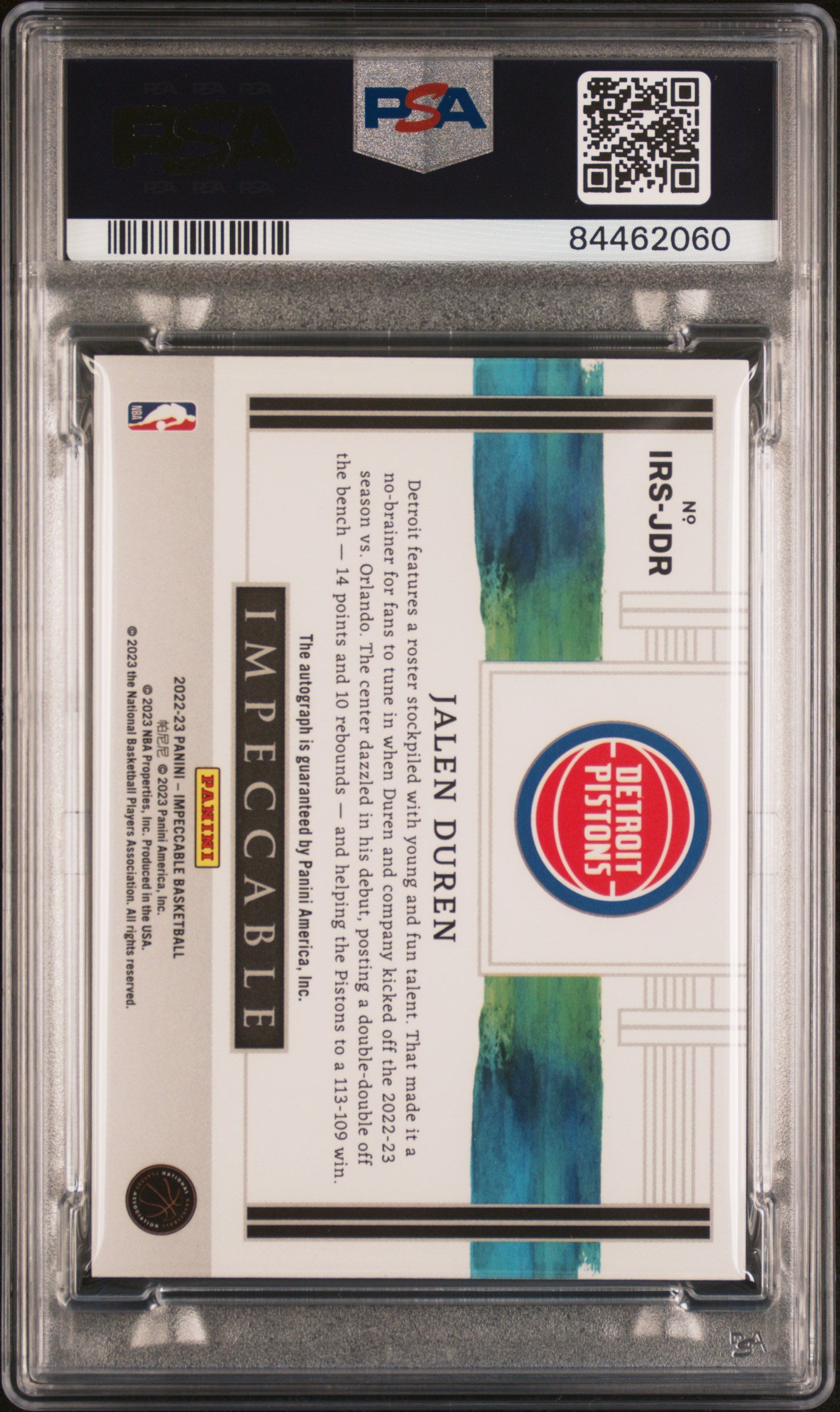 2022 Panini Impeccable #IRSJDR Jalen Duren Rookie Signatures PSA 9 84462060