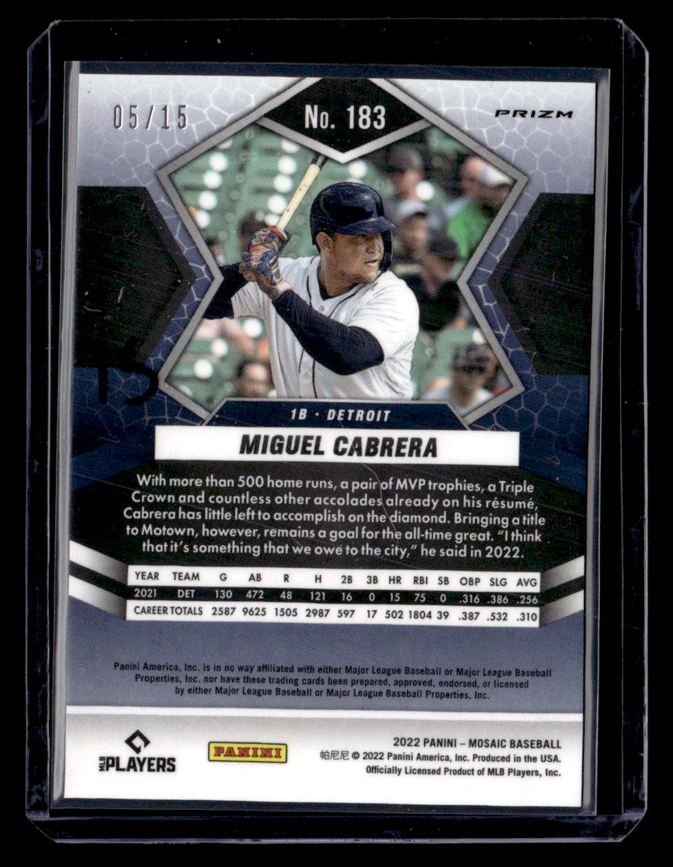 2022 Panini Mosaic #183 Miguel Cabrera Blue Fluorescent Mosaic #/15