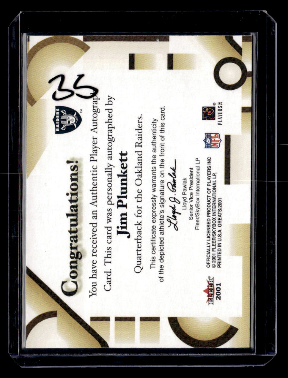 2002 Fleer Throwbacks #NNO Jim Plunkett Greats of the Game Autographs