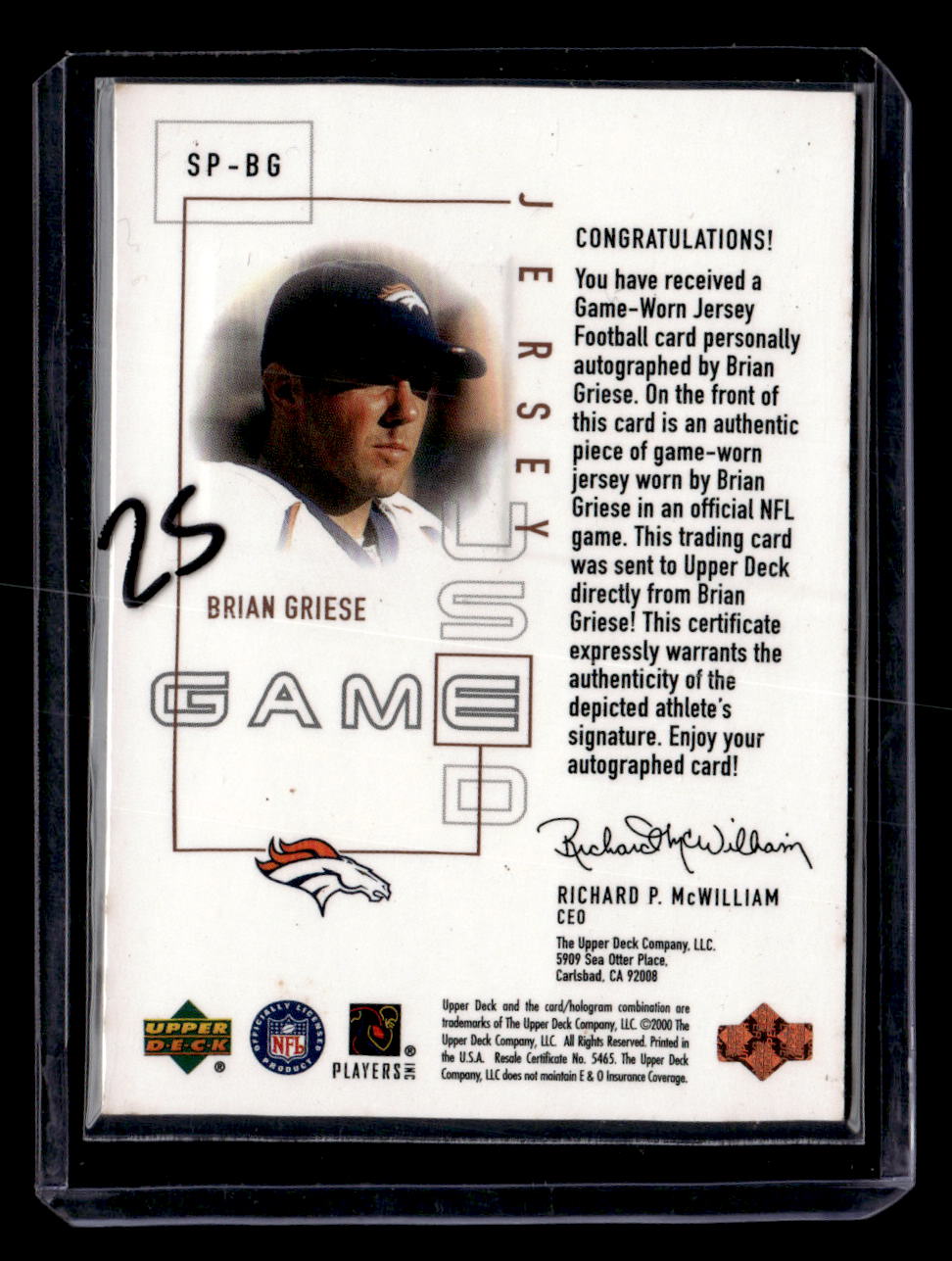 2000 Upper Deck Pros & Prospects #SP-BG Brian Griese Signature Piece 1