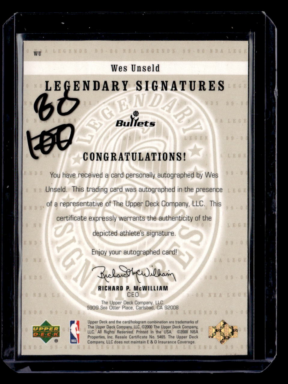 1999-00 Upper Deck Legends #WU Wes Unseld Legendary Signatures