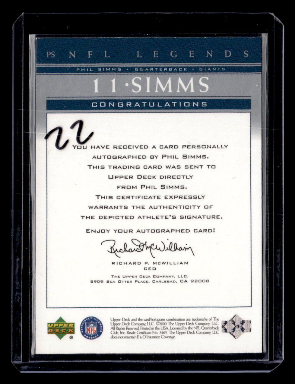 2000 Upper Deck Legends #PS Phil Simms Autographs