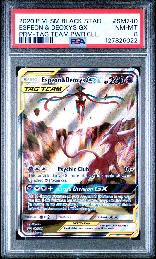 2020 Pokemon Sm Black Star Promo #SM240 Espeon & Deoxys Gx Prm-Tag Team Pwr.Cll. PSA 8