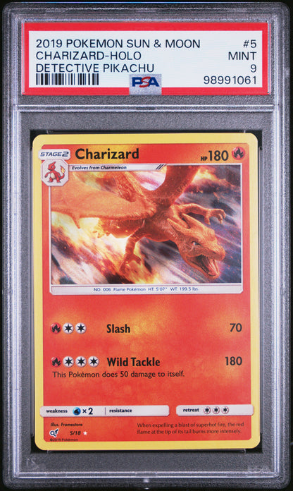 2019 Pokemon Sun & Moon Detective Pikachu #5 Charizard-Holo Detective Pikachu PSA 9