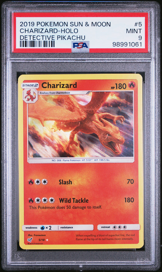 2019 Pokemon Sun & Moon Detective Pikachu #5 Charizard-Holo Detective Pikachu PSA 9
