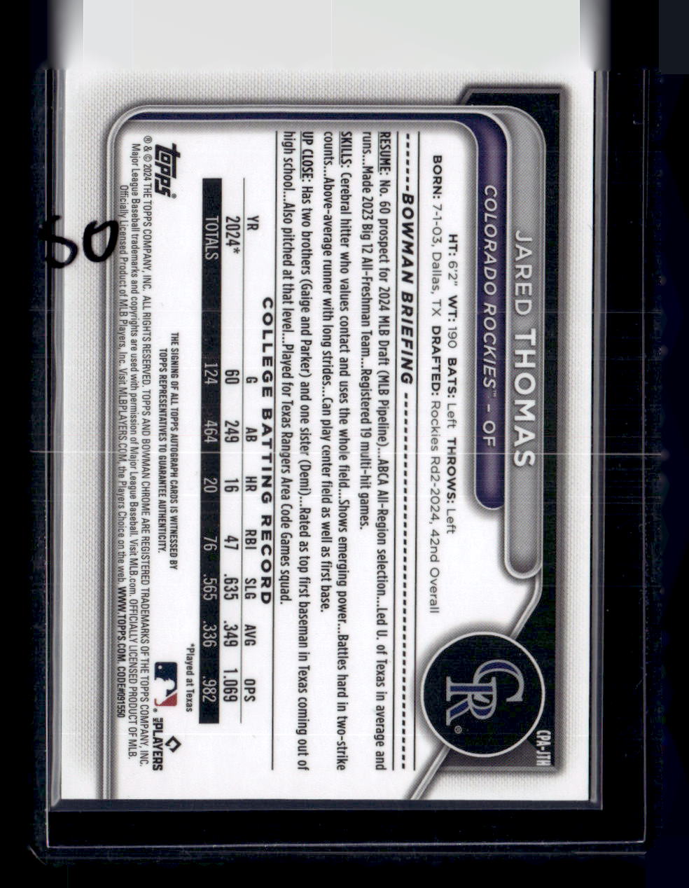 2024 Bowman Draft #CPA-JTH Jared Thomas Chrome Prospect Autographs
