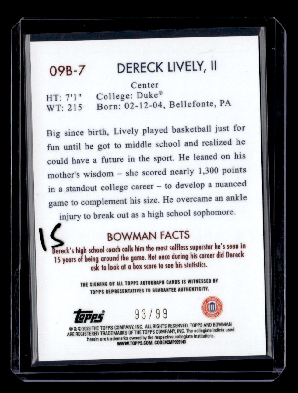 2022-23 Bowman University Chrome #09B-7 Dereck Lively II 2009 Bowman Auto #/99