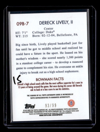 2022-23 Bowman University Chrome #09B-7 Dereck Lively II 2009 Bowman Auto #/99