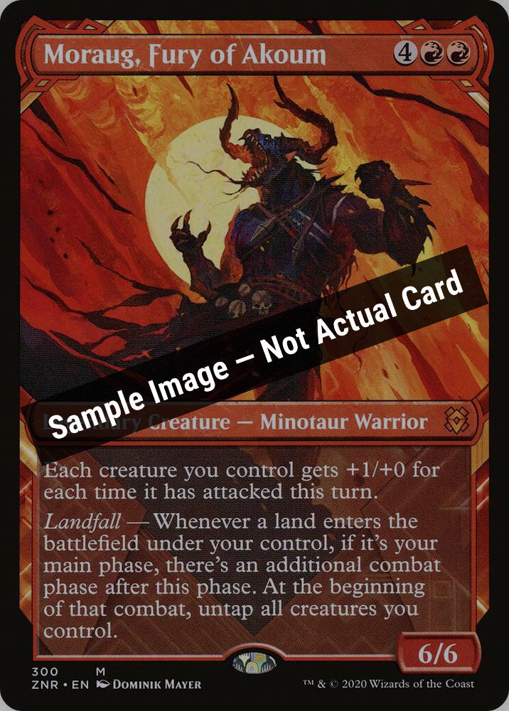 Magic,Zendikar Rising,Moraug, Fury of Akoum (Showcase) - 300,Foil,Near Mint — Sample Image, Not Actual Card