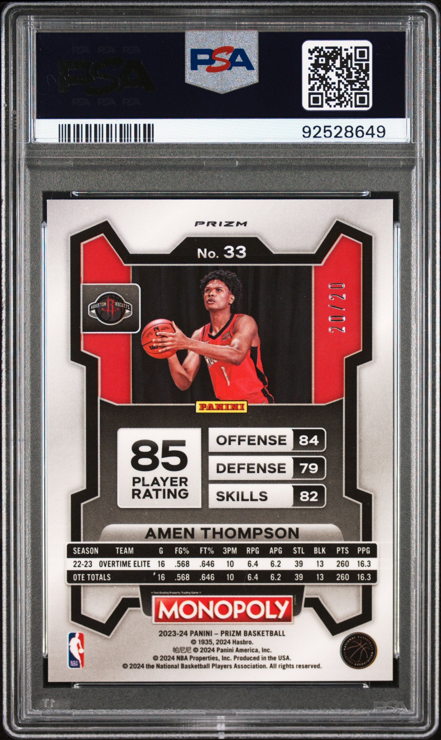 2023 Panini Prizm Monopoly #33 Amen Thompson Green Millionaire PSA 9 92528649