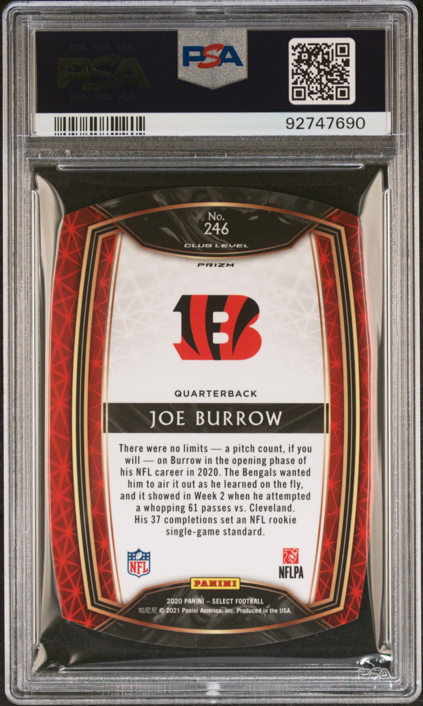 2020 Panini Select #246 Joe Burrow Die-Cut Purple Prizm PSA 10 92747690