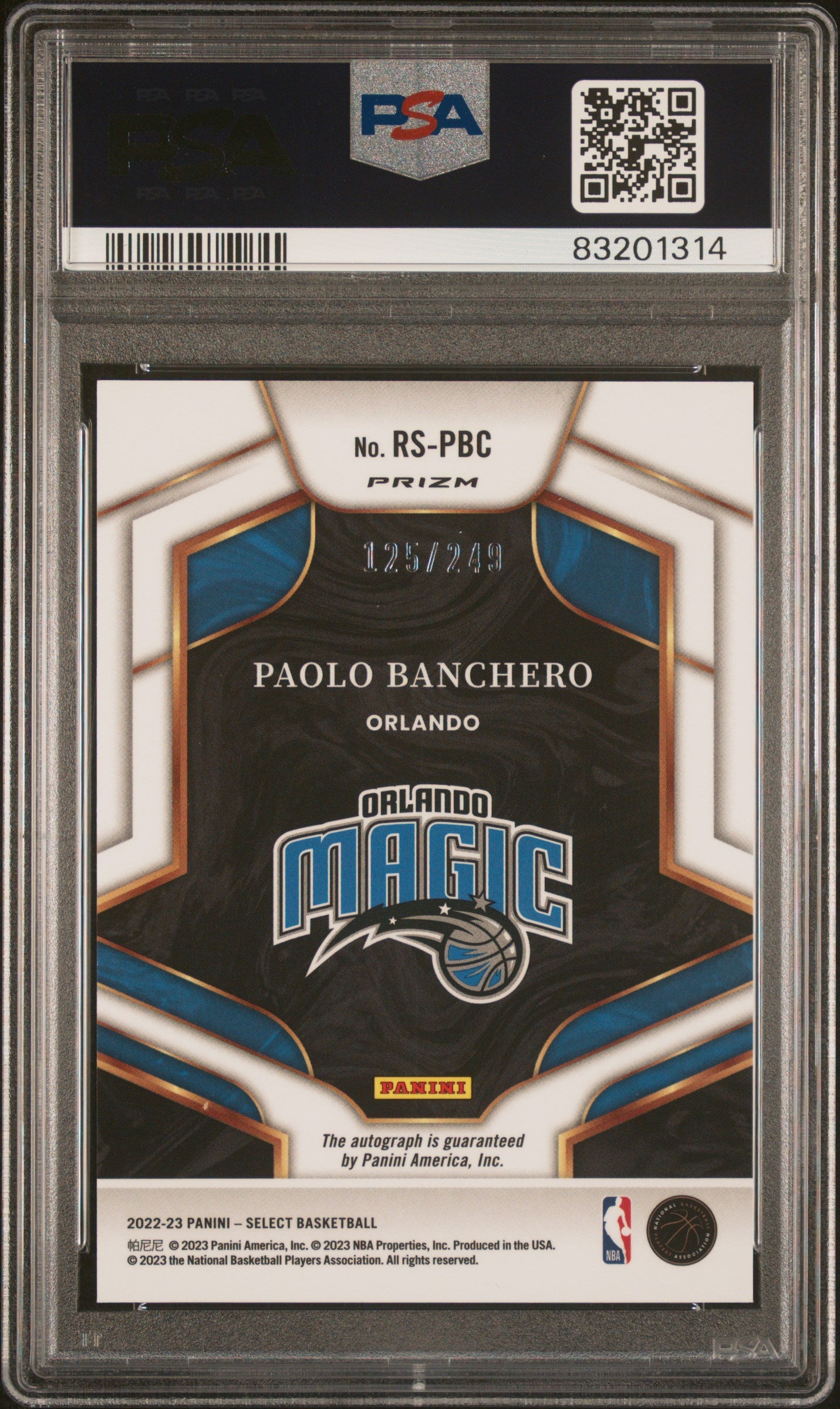2022 Panini Select Rookie Signatures #RSPBC Paolo Banchero PSA 9 83201314