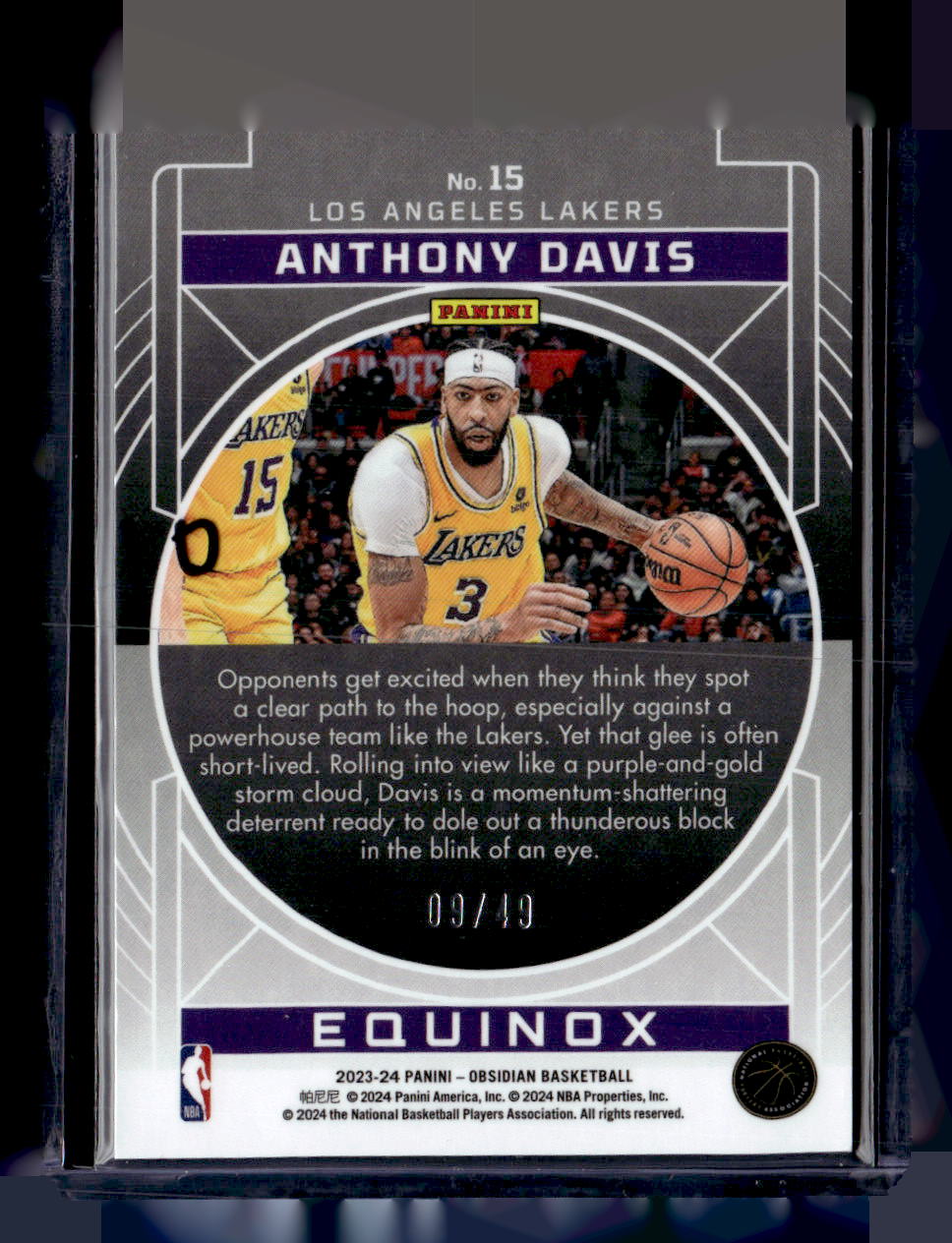 2023-24 Panini Obsidian #15 Anthony Davis Equinox Etch Purple Flood #/49