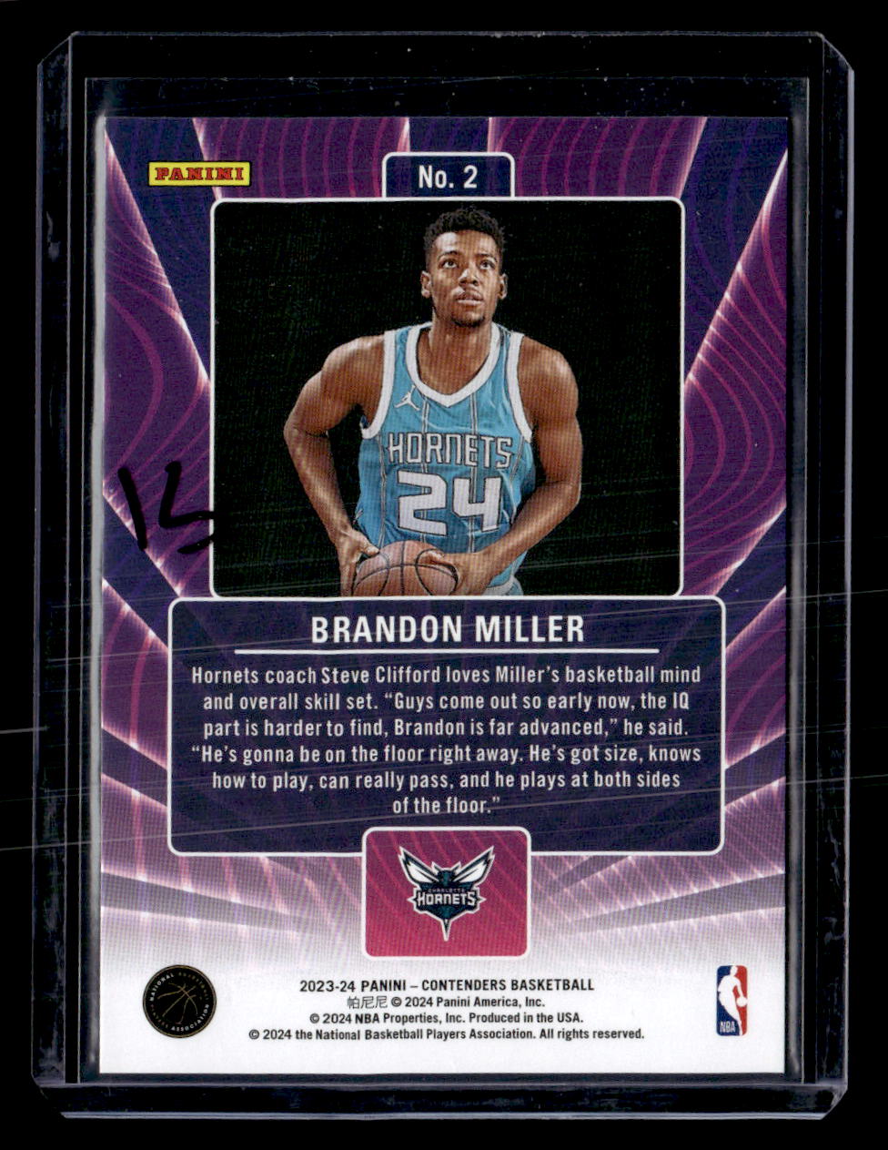 2023-24 Panini Contenders #2 Brandon Miller Lottery Ticket Playoff Edition #/99