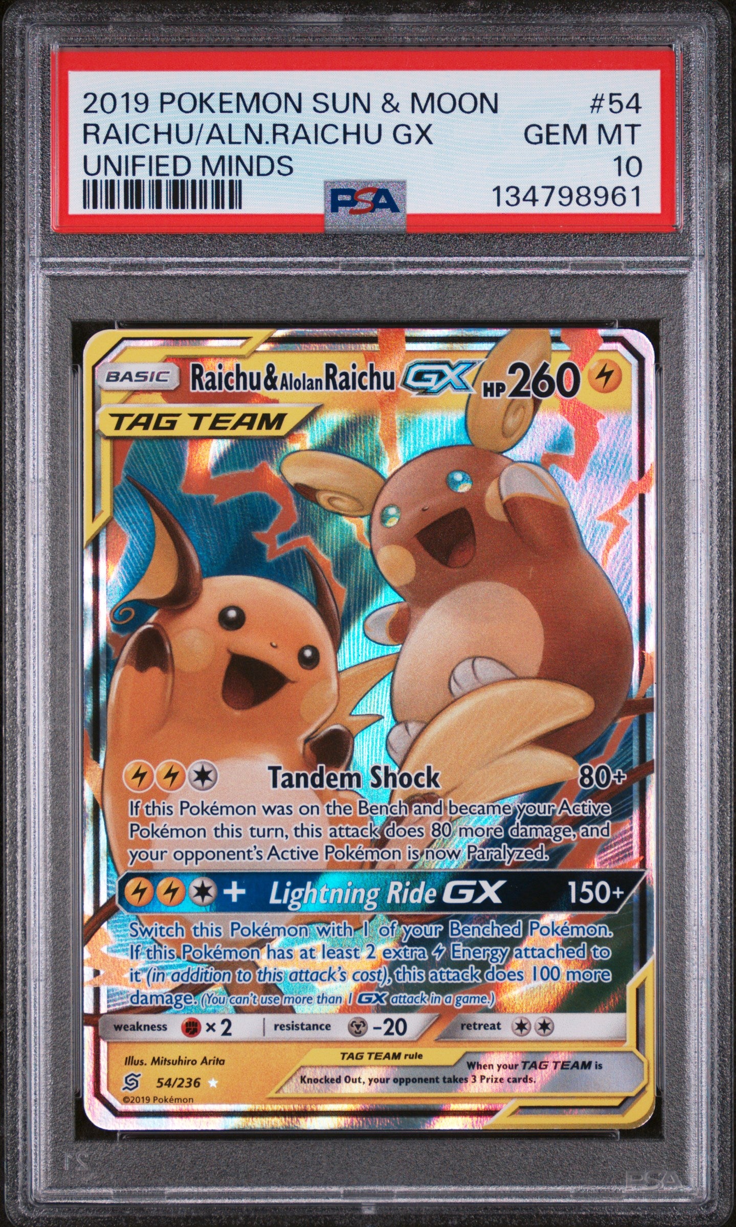 2019 Pokemon Sun & Moon Unified Minds Raichu/Aln.Raichu Gx #54 PSA 10