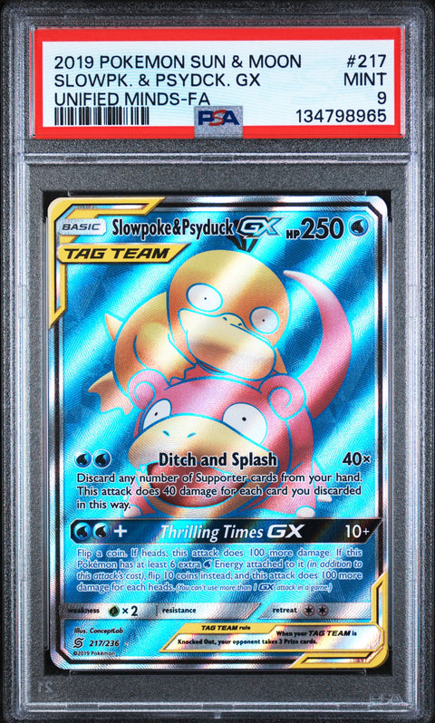 2019 Pokemon Sun & Moon Unified Minds Slowpk. & Psydck. Gx #217 PSA 9