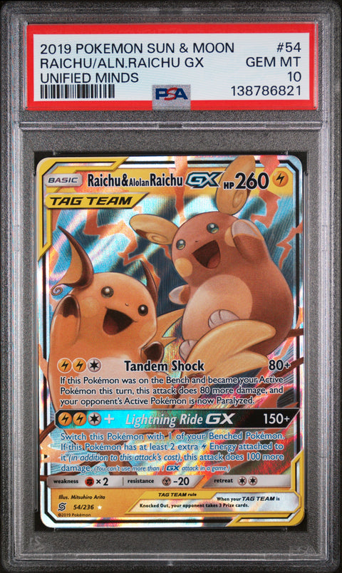 2019 Pokemon Sun & Moon Unified Minds #54 Raichu/Aln.Raichu Gx Unified Minds PSA 10