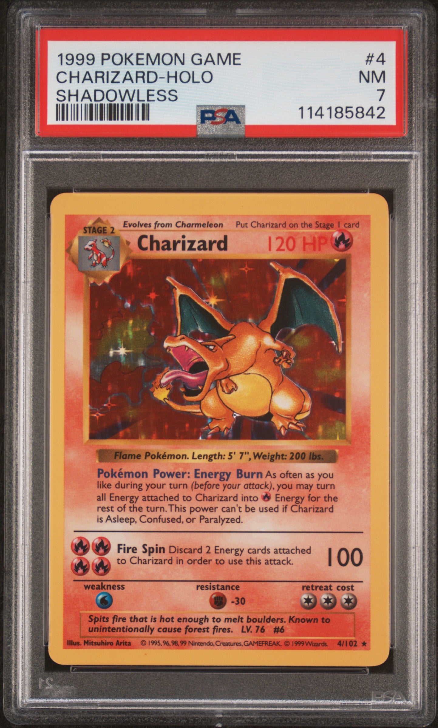 1999 Pokemon Game #4 Charizard-Holo Shadowless PSA 7
