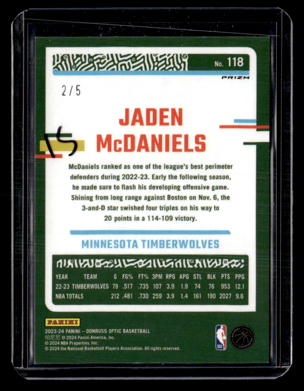2023-24 Donruss Optic #118 Jaden McDaniels Fast Break Neon Green #/5