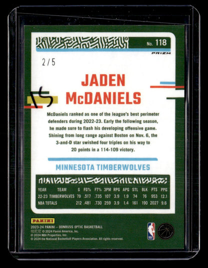 2023-24 Donruss Optic #118 Jaden McDaniels Fast Break Neon Green #/5