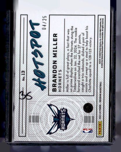 2023-24 Panini Obsidian #13 Brandon Miller Hotspot Electric Etch Green #/25