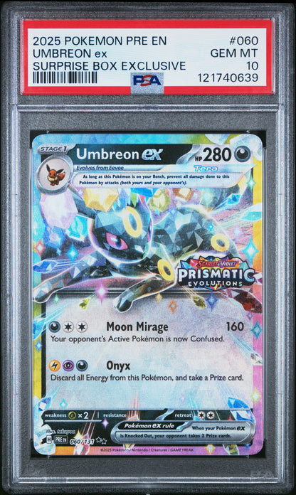 2025 Pokemon Pre En-Prismatic Evolutions #060 Umbreon Ex Surprise Box Exclusive PSA 10