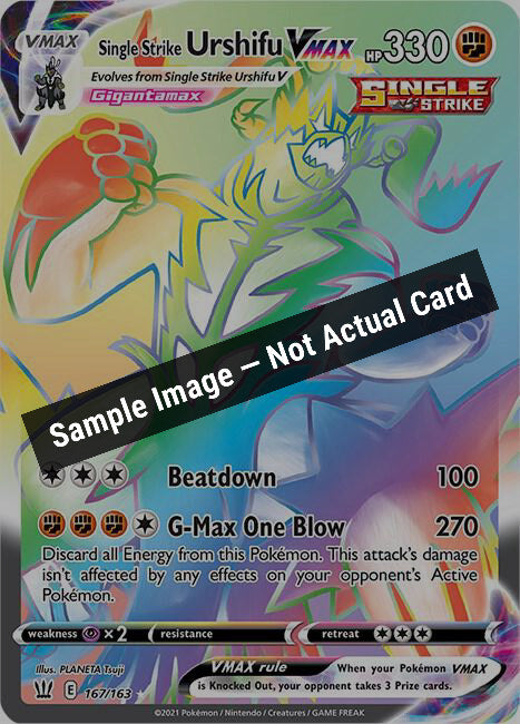 Pokemon,SWSH05: Battle Styles,Single Strike Urshifu VMAX (Secret) - 167/163,Holofoil,Near Mint — Sample Image, Not Actual Card
