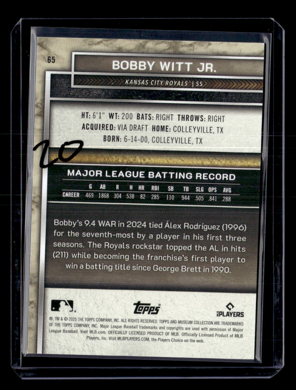 2025 Topps Museum Collection #65 Bobby Witt Jr. Sapphire #/150