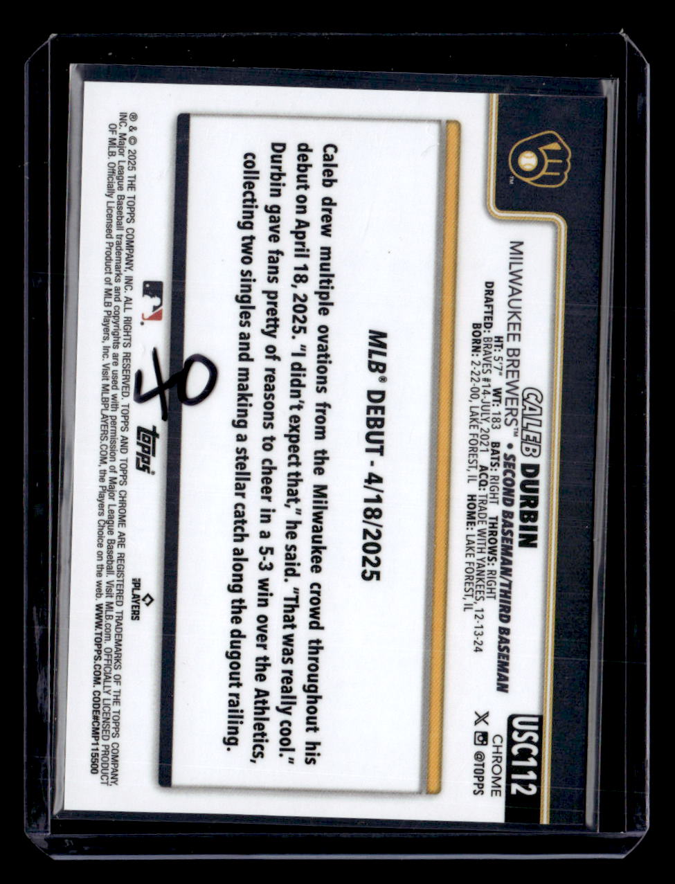 2025 Topps Chrome Update Sapphire Edition #USC112 Caleb Durbin Orange #/25