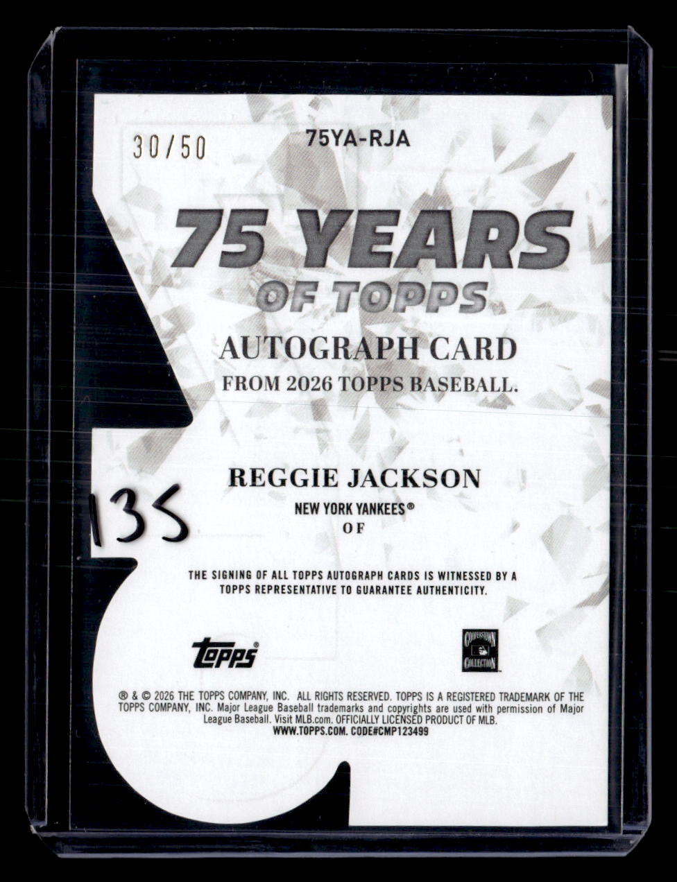 2026 Topps #75YA-RJA Reggie Jackson 75 Years of Topps Die Cut Auto Gold #/50