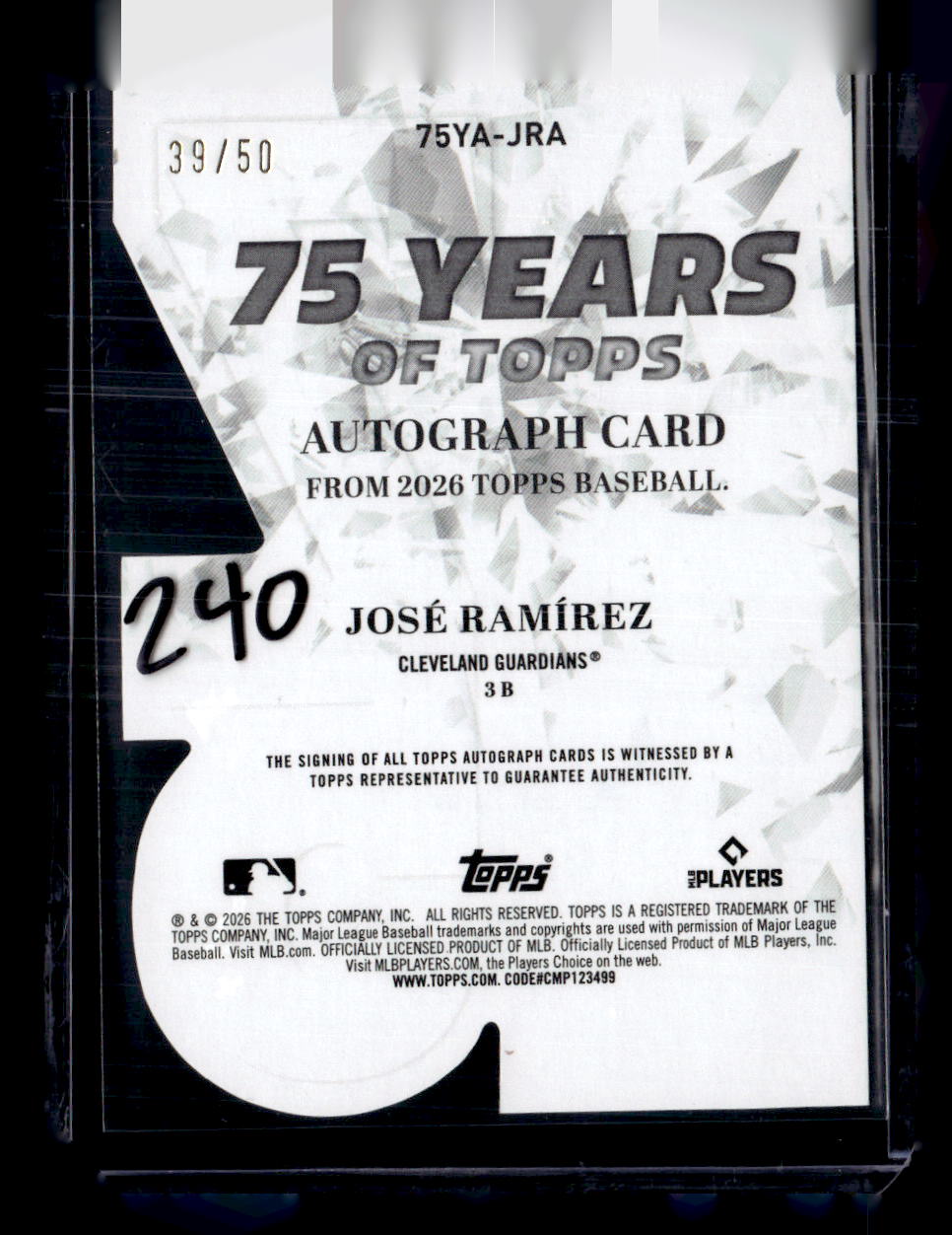 2026 Topps #75YA-JRA Jose Ramirez 75 Years of Topps Die Cut Autographs Gold #/50