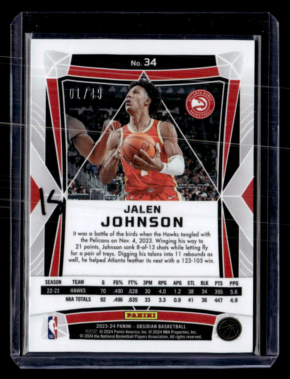 2023-24 Panini Obsidian #34 Jalen Johnson Electric Etch Purple Flood #/49