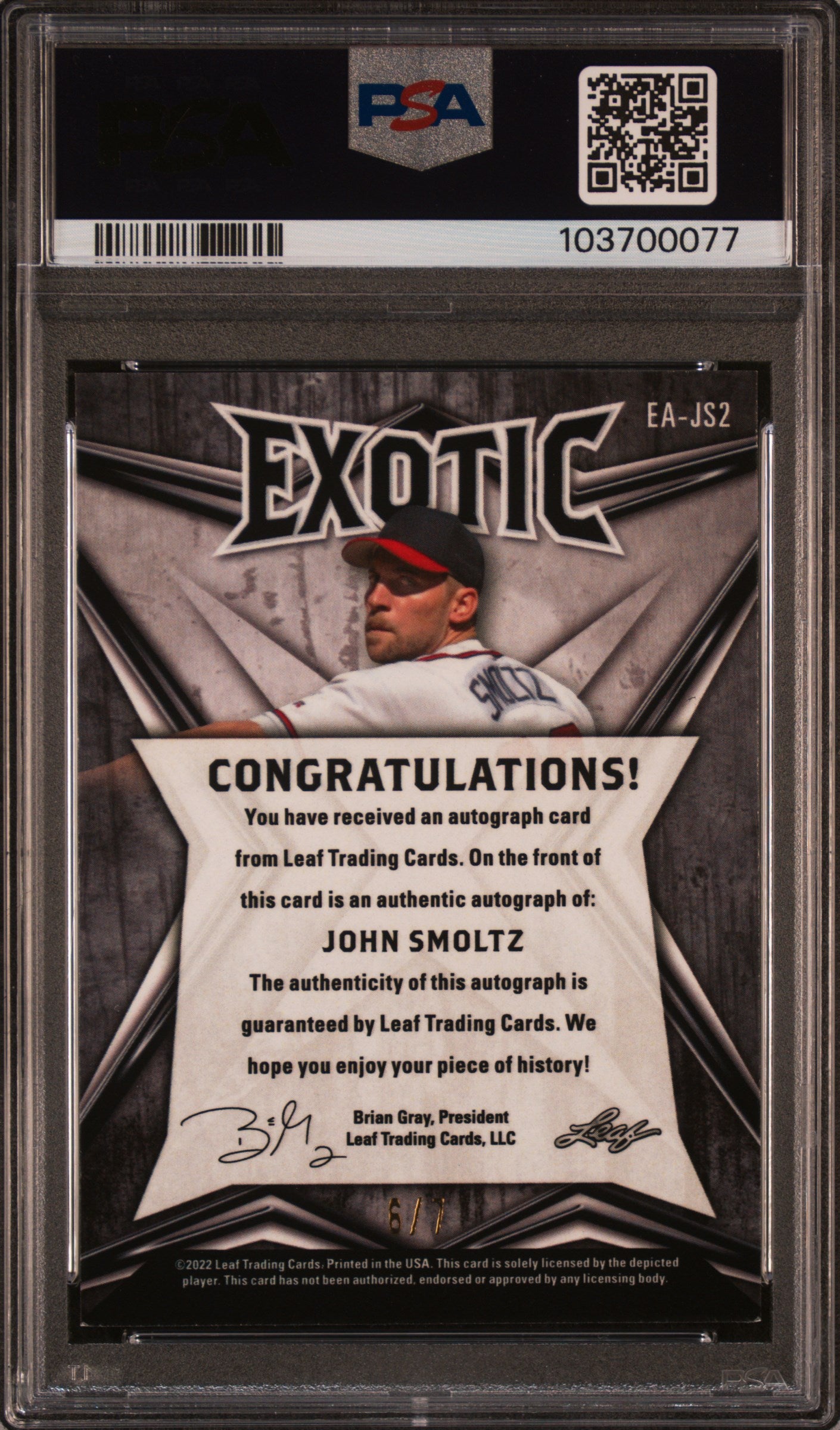 2022 Leaf Exotic Autographs #EAJS2 John Smoltz Autograph-Peacock PSA 9 103700077