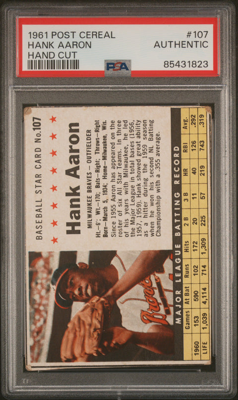 1961 Post Cereal #107 Hank Aaron Hand Cut PSA Authentic