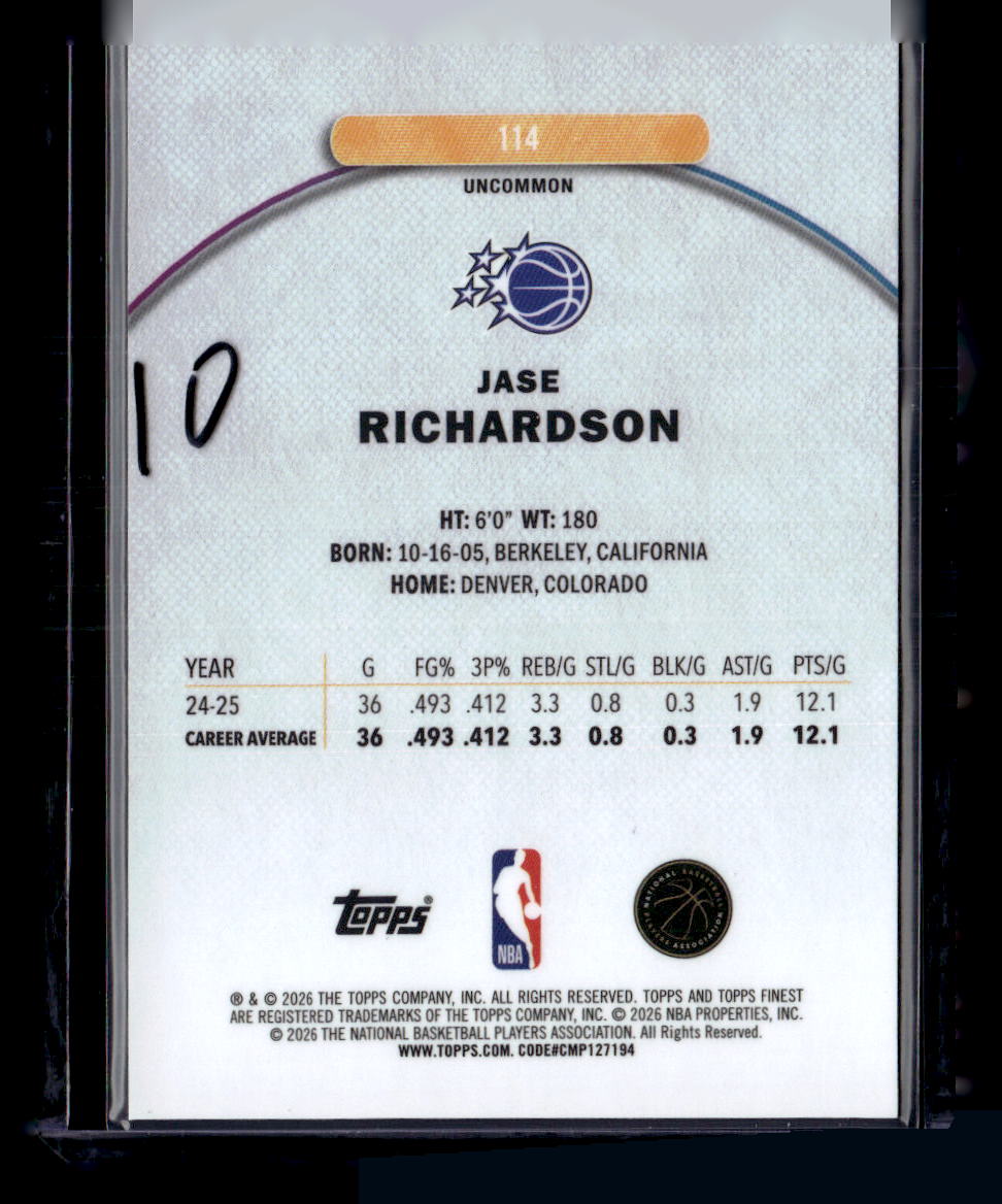 2025-26 Finest #114 Jase Richardson Green Refractor #/35