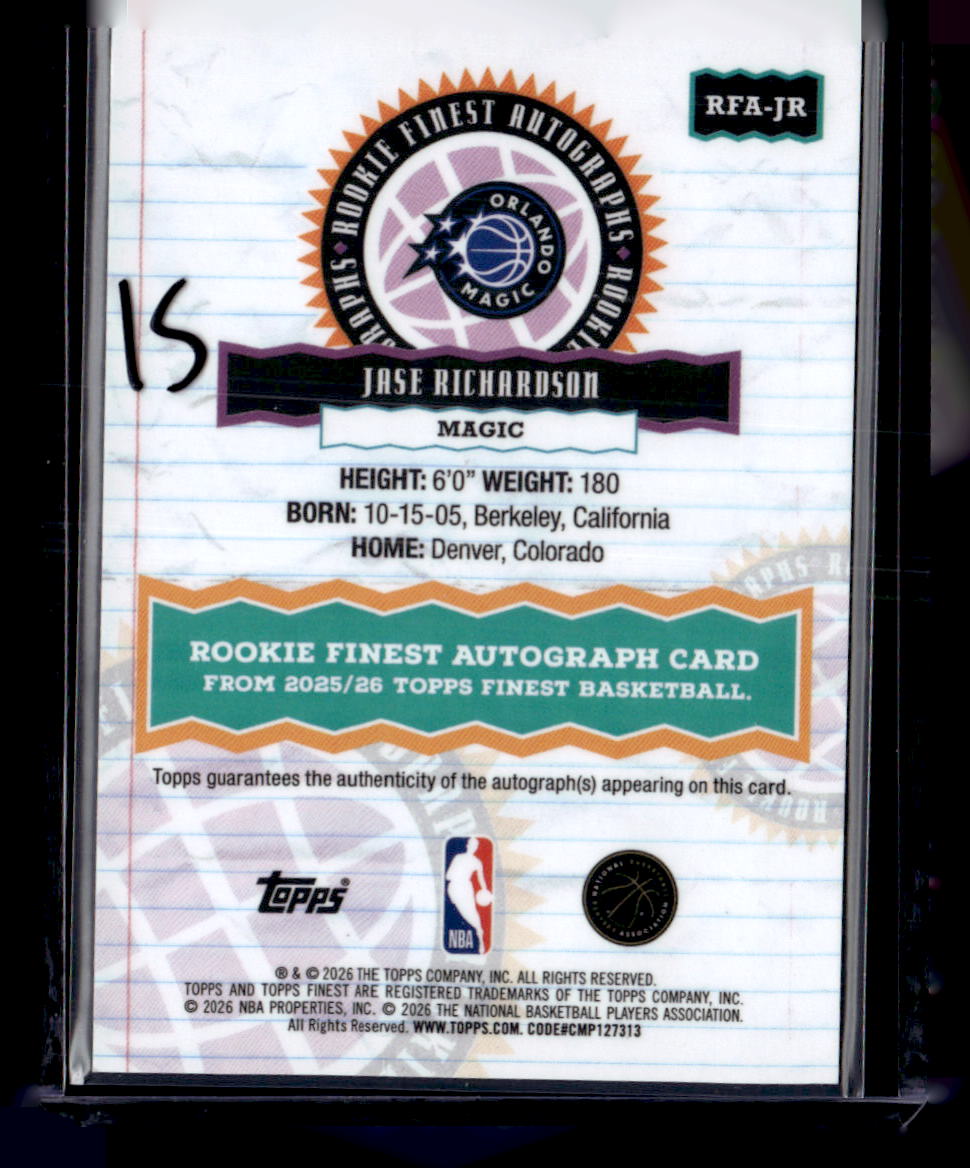 2025-26 Finest #RFA-JR Jase Richardson Rookie Finest Autographs