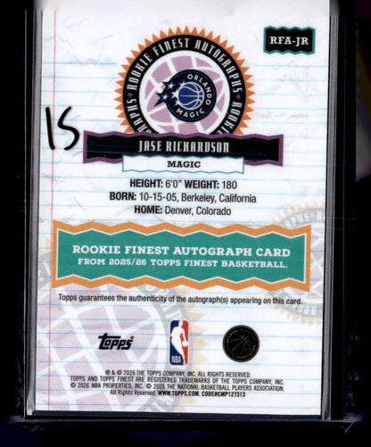 2025-26 Finest #RFA-JR Jase Richardson Rookie Finest Autographs