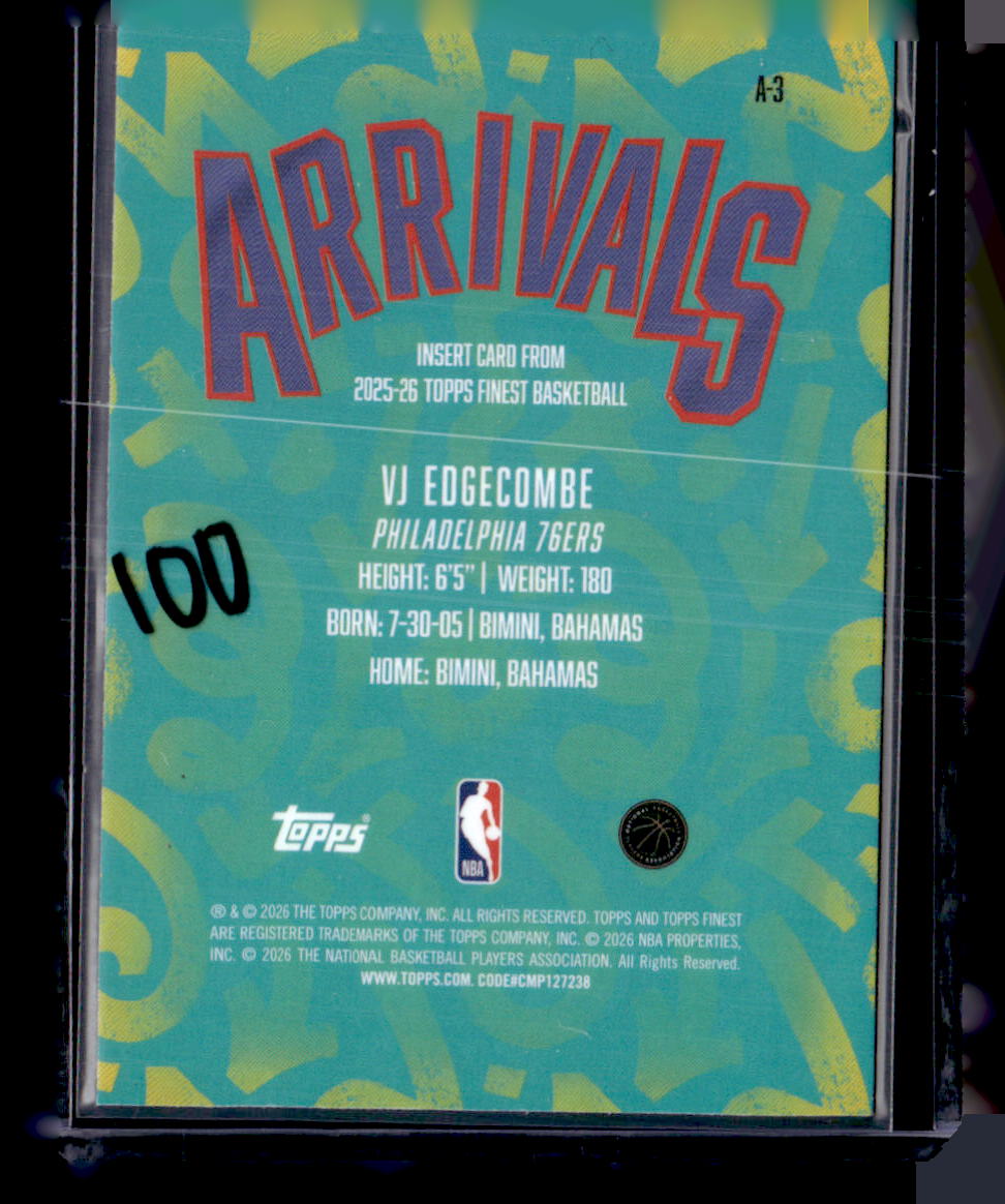 2025-26 Finest #A-3 VJ Edgecombe Arrivals Sky Blue Refractor #/150