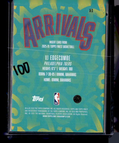 2025-26 Finest #A-3 VJ Edgecombe Arrivals Sky Blue Refractor #/150