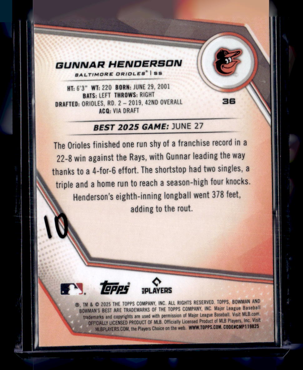 2025 Bowman’s Best #36 Gunnar Henderson Purple Lazer #/250