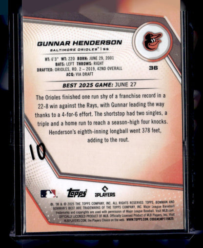 2025 Bowman’s Best #36 Gunnar Henderson Purple Lazer #/250