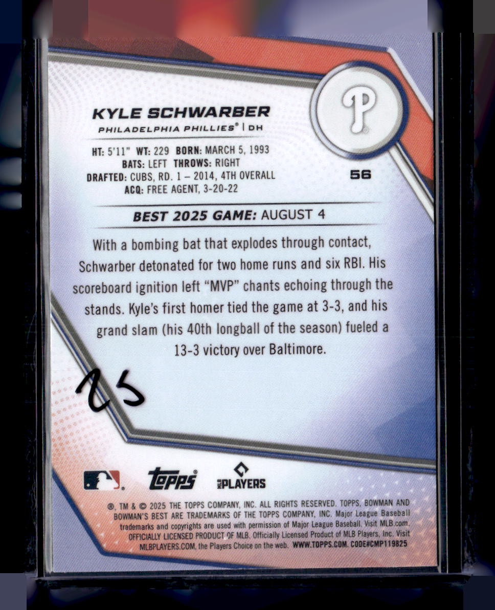 2025 Bowman’s Best #56 Kyle Schwarber Blue Lazer #/150