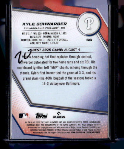 2025 Bowman’s Best #56 Kyle Schwarber Blue Refractor #/150