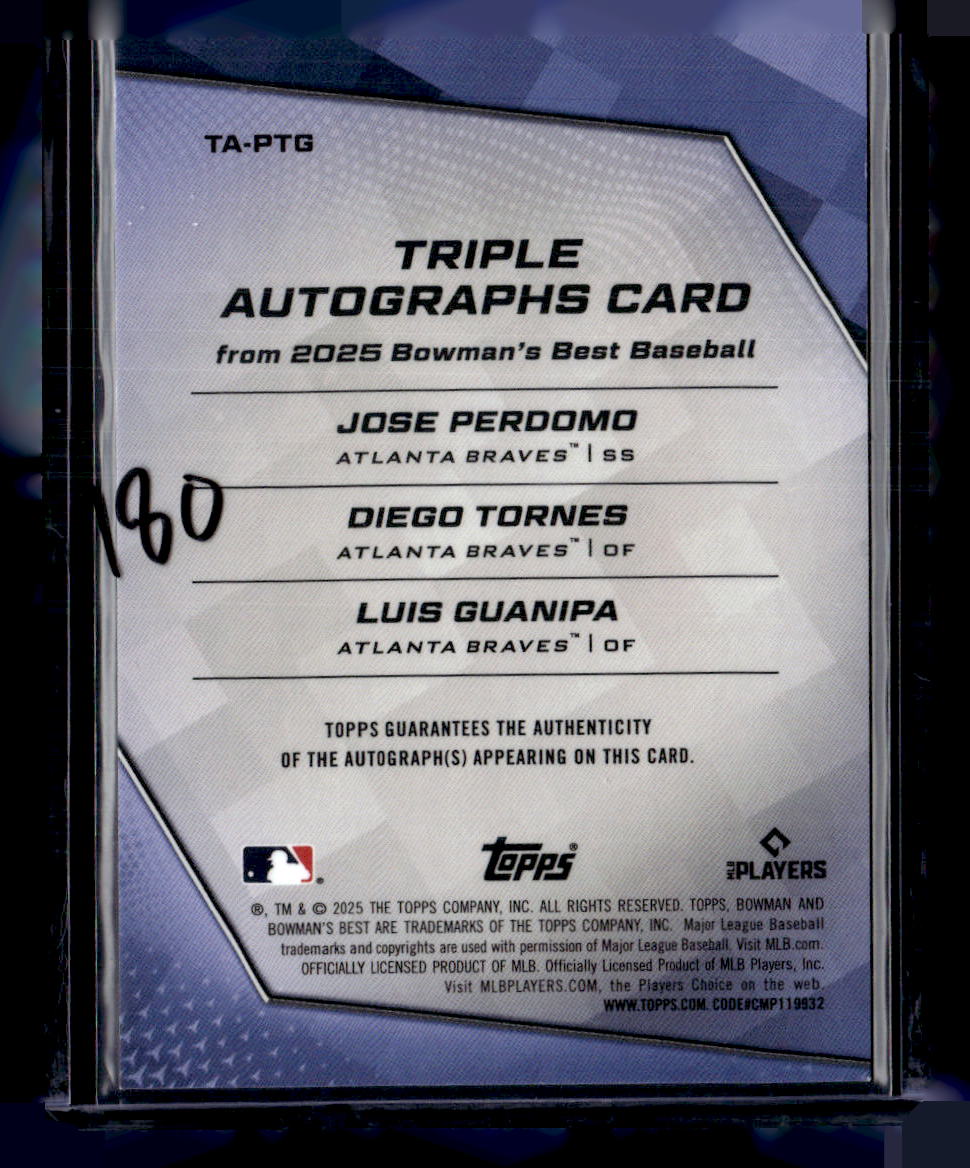 2025 Bowman’s Best #TA-PTG Guanipa /Perdomo/Tornes Triple Autographs #/75